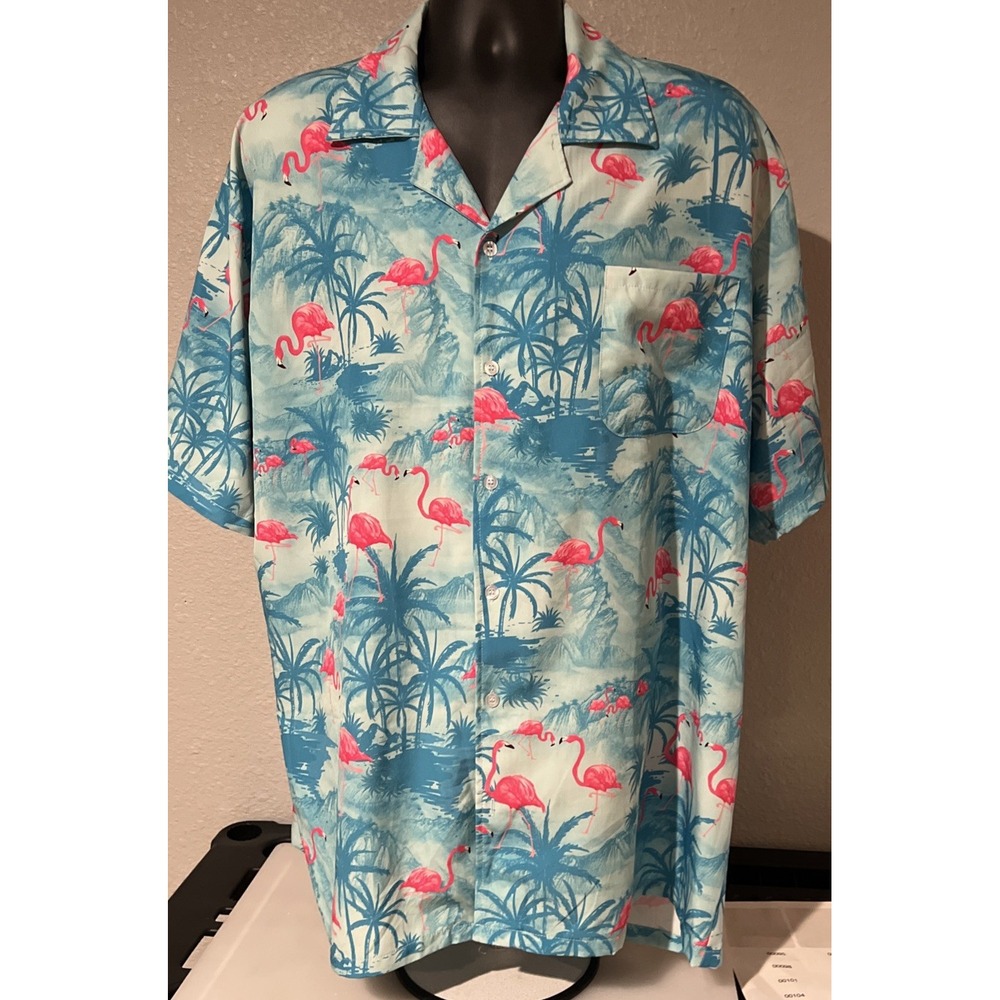 Men's 2XL Blue Pink Flamingo Hawaiian Camp Shirt Tropical Button Up Beach Aloha